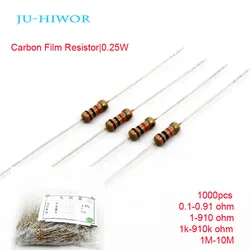 1000pcs Carbon Film Resistors 1/4 W Watt 0.25W 5% 0.1-0.91 1-910 1k-910k 1M-10M Ohm 100K 200K 300K 1M 10M 0 Ohm Diy Resistor