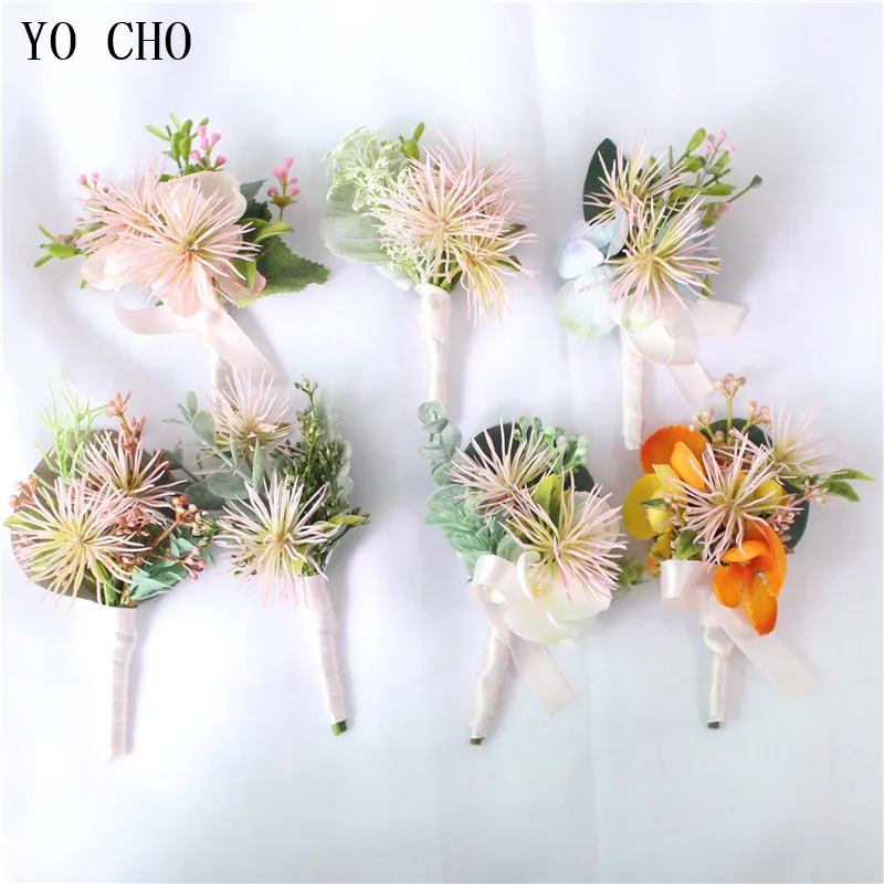 HÌNH CHO Nhựa Bồ Công Anh Cổ Tay Corsages Phù Dâu Lụa Hoa Tay Nhân Tạo Cô Dâu Cưới Boutonnieres Hứa Bestman Hoa