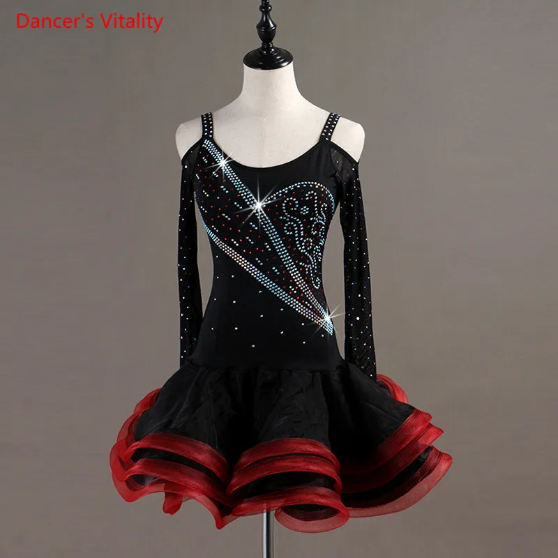 Custom Made Competition Latin/Women/girls Dance Dress Rumba Skirt Ballroom stage Costumes Long sleeve Rhinestone Dance Dress