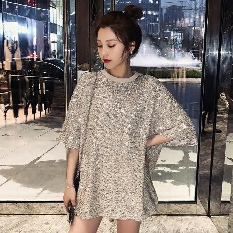 Zuolunouba Novel Style Casual Tees Girl Short Sleeve Long Tops Sequined Harajuku Summer Women T-shirts Silver