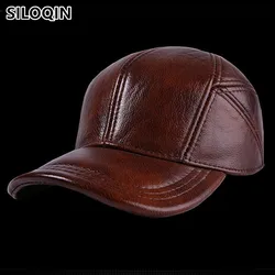 New Winter Men's Hat Genuine Leather Cowhide Warm Baseball Caps Adjustable Size Brands Proof Earmuffs Hats Male Bone Leather Cap