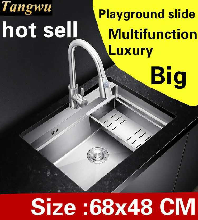 

Free shipping Apartment high quality kitchen manual sink single trough sliding board 304 stainless steel big hot sell 68x48 CM