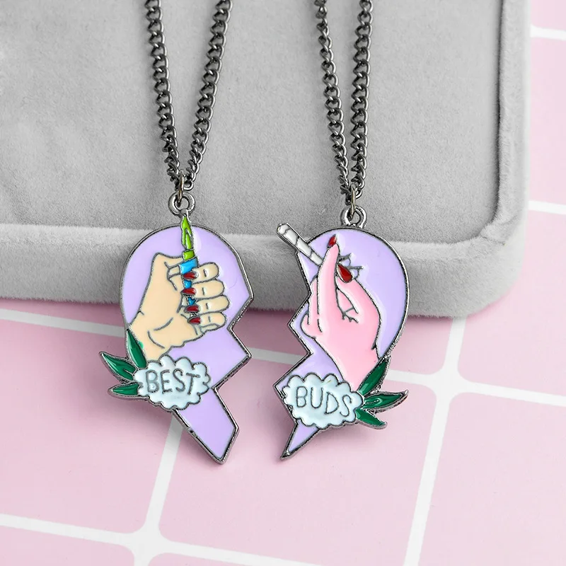 New 2pcs/Set Splice Best Friends Forever Couple Necklace Best Buds Lighter and Cigarettes Broken Heart Shape Pendant Necklace