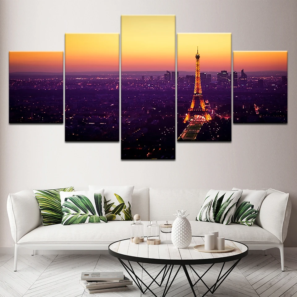 Tower in sunset Paris city 5 Piece HD Wallpapers Art Canvas Print modern Poster Modular art painting for Living Room Home Decor