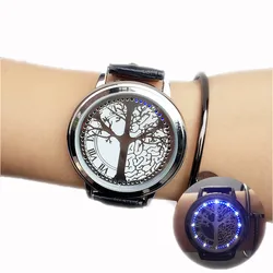 Fashion Led Watch LED Touch Screen Watch Unique Cool Watch with Tree Pattern Simple Black Dial 60 Blue Lights Watch Leather