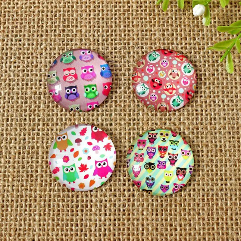 24pcs/lot Cartoon Owl Glass Cabochon Round 8-35mm Flatback For Necklace Bracelet Earrings DIY Jewelery