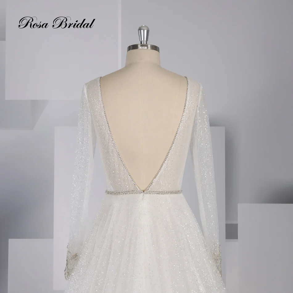 Rosabridal A Line abito da sposa Bohemia scollo A v maniche lunghe nail beading abito da sposa senza schienale in chiffon con coda del treno di corte