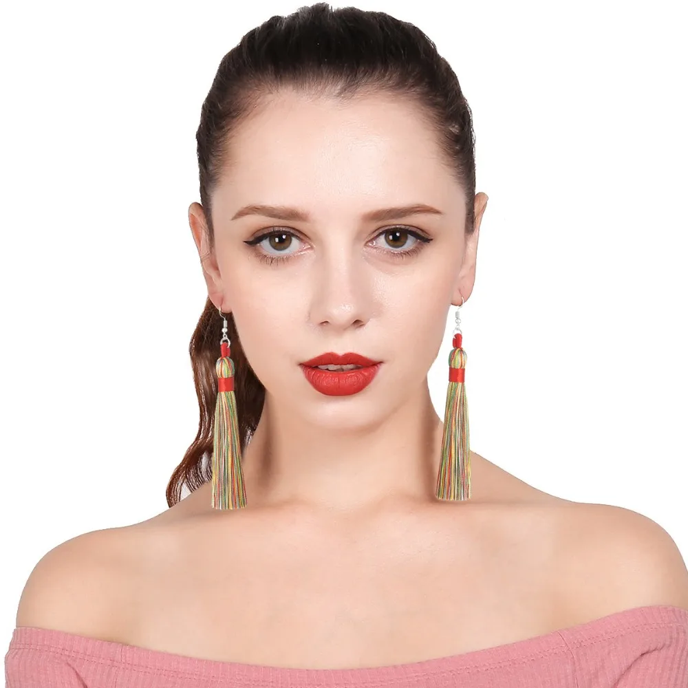 LOVBEAFAS Boho Drop Tassel Women Earrings Long Fringe Dangle Earings Silk Fabric Rope Wrap Ethnic Vintage Fashion Female Jewelry