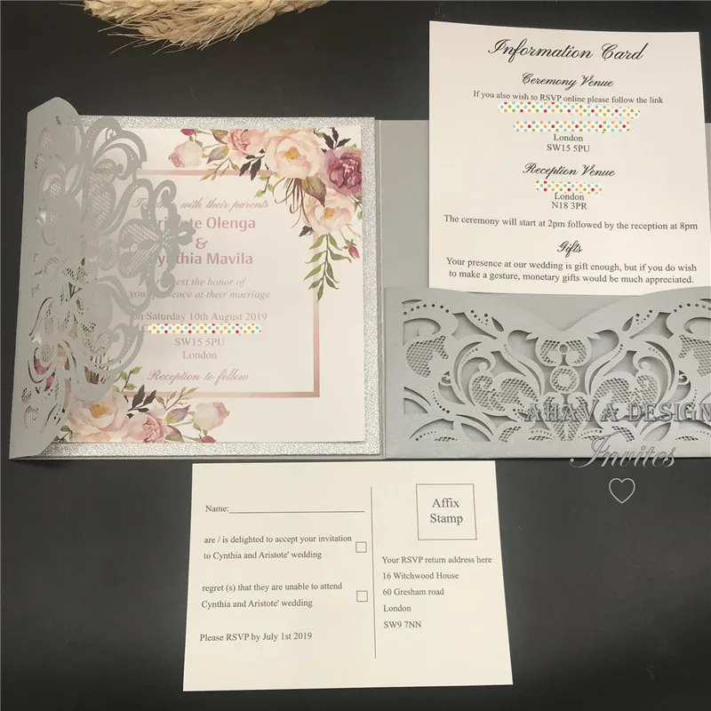 Romantic silver Spring Flower Glittery Laser Cut Pocket Wedding Invitation Kits With RSVP card,  20+ Colors Are Available