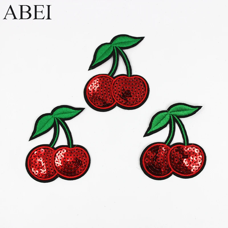 10pcs/lot Cherry Sequins Embroidered Patches Fruit Iron On Patch Sew On Appliques Motif Badge For Garment Stickers