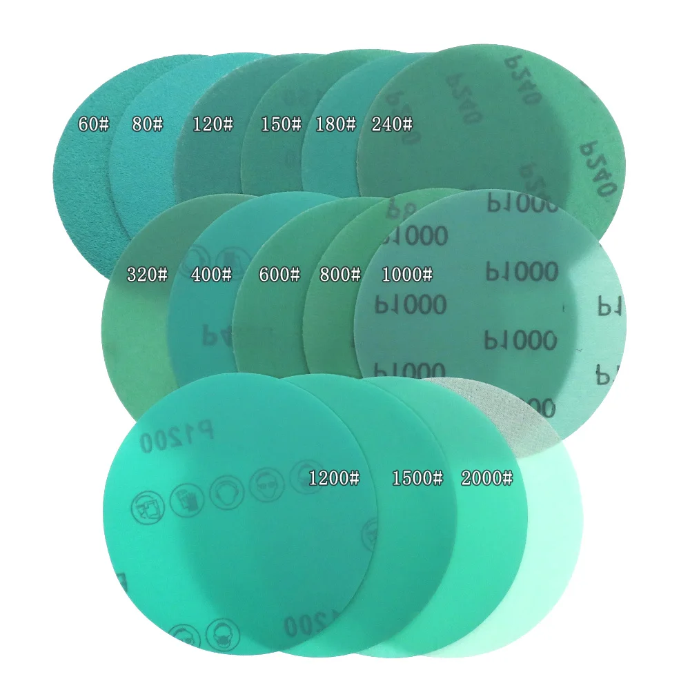 50Pcs 5 Inch 125mm 60 to 2000 Grits Hook and Loop Green PET Flocking Film Sanding Disc Sandpaper For Wood Car Metal Stone