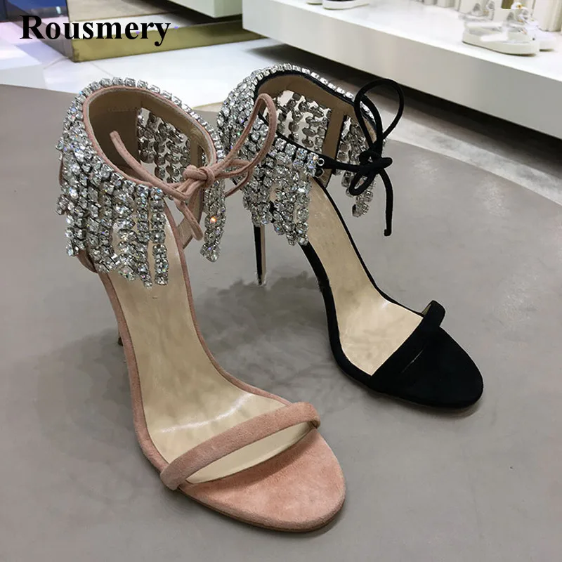 Summer Hot Selling Women Charming Lace-up Ankle Wrap Rhinestone High Heel Sandals Thin Heel Crystal Sandals Wedding Shoes