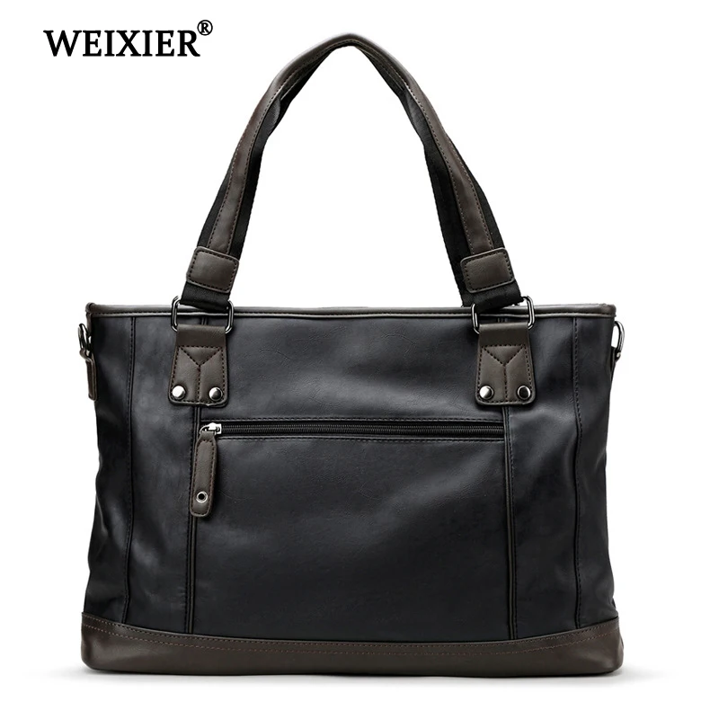 Solid Color PU Men\'s Zipper Handbag Business People Travel Fashion Retro Style Computer Bag High Quality Design Handbag