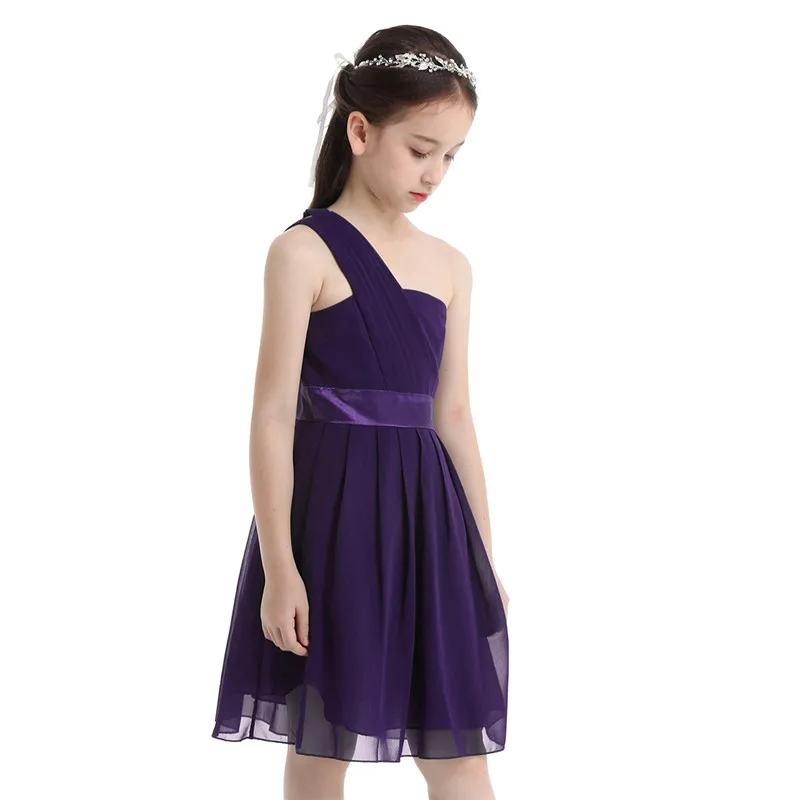 Vestito da ragazza per bambina in Chiffon pieghettato a vita alta con una spalla al ginocchio abito da principessa abito da cerimonia nuziale Vestido