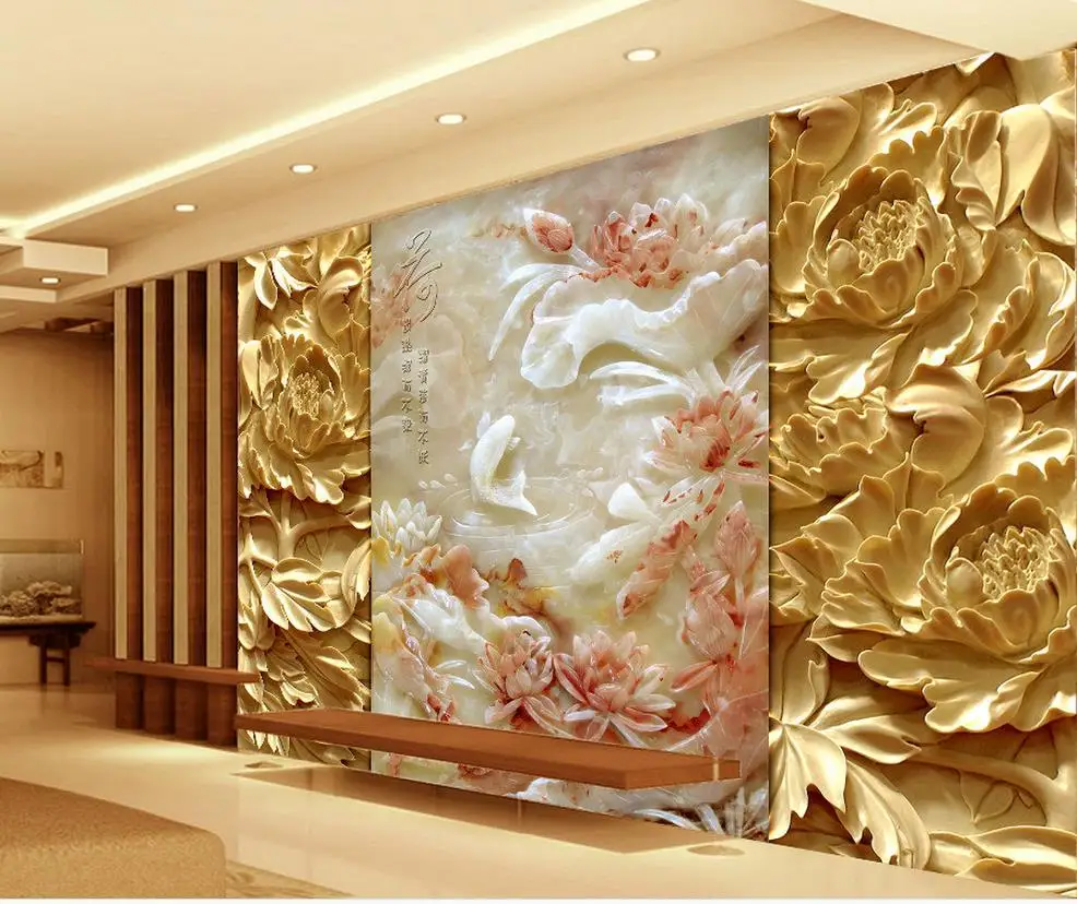 

3d name wallpapers Wood carving jade carving reliefs peony flowers backdrop flower wallpaper mural 3d wallpaper