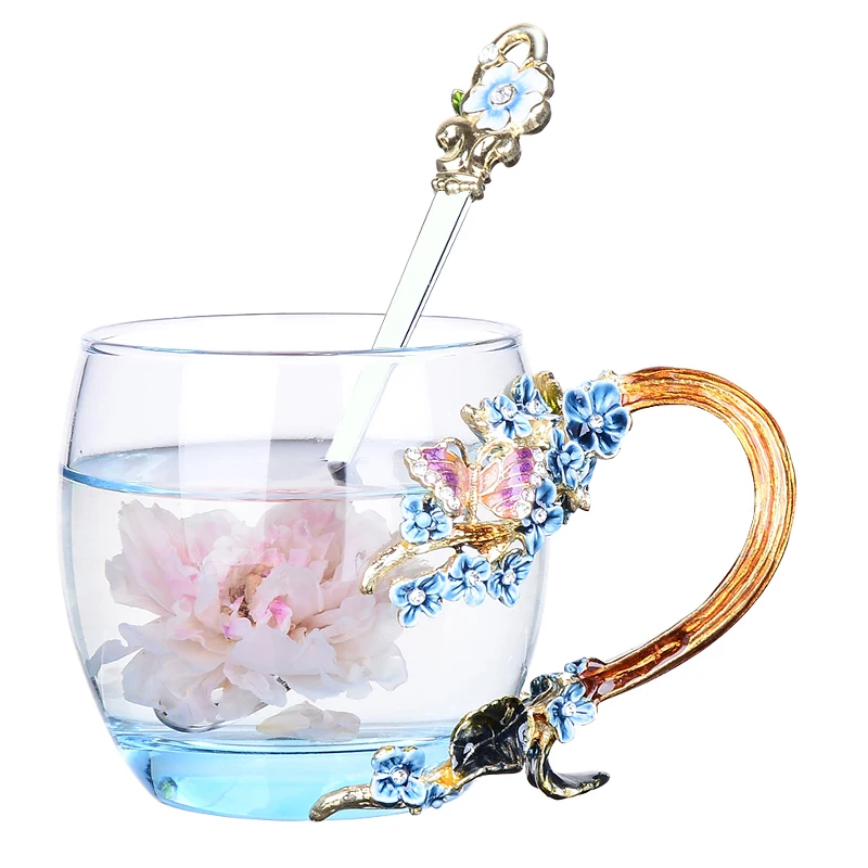 

High quality Creative Blue Crystal Carve patterns Enamel Gift box Glass Cup Heat resistant Household Drinking Ware wedding gift