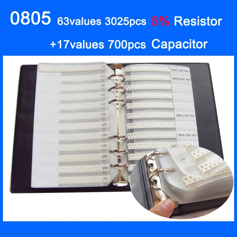 

0805 SMD Sample Book 63values 3025pcs 5% Resistor Kit and 17values 700pcs Capacitor Set