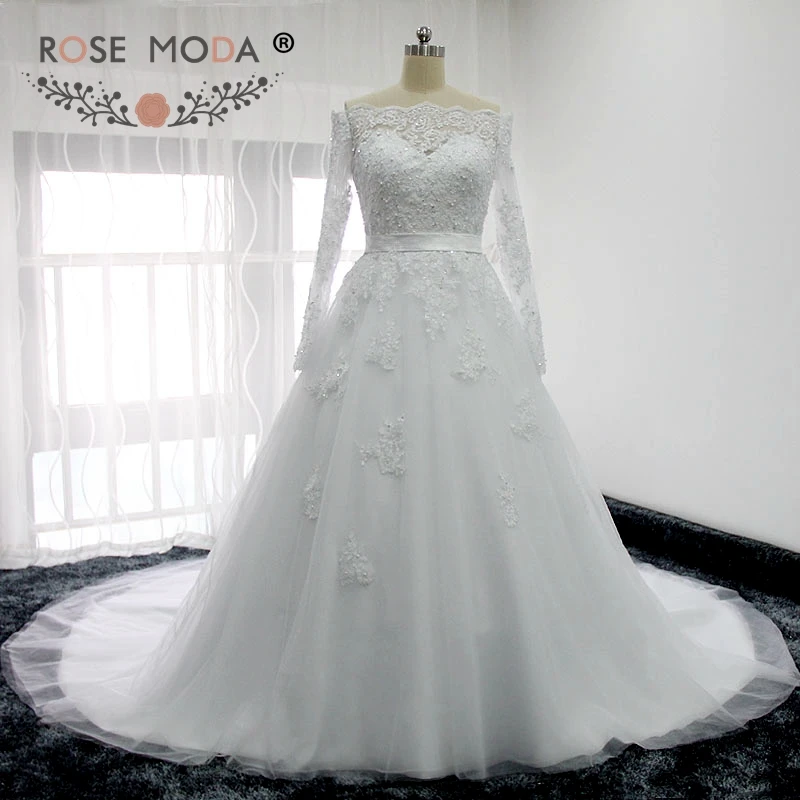 

Rose Moda Off Shoulder Long Sleeves Lace Wedding Dress with Removable Bow Real Photos Custom Make