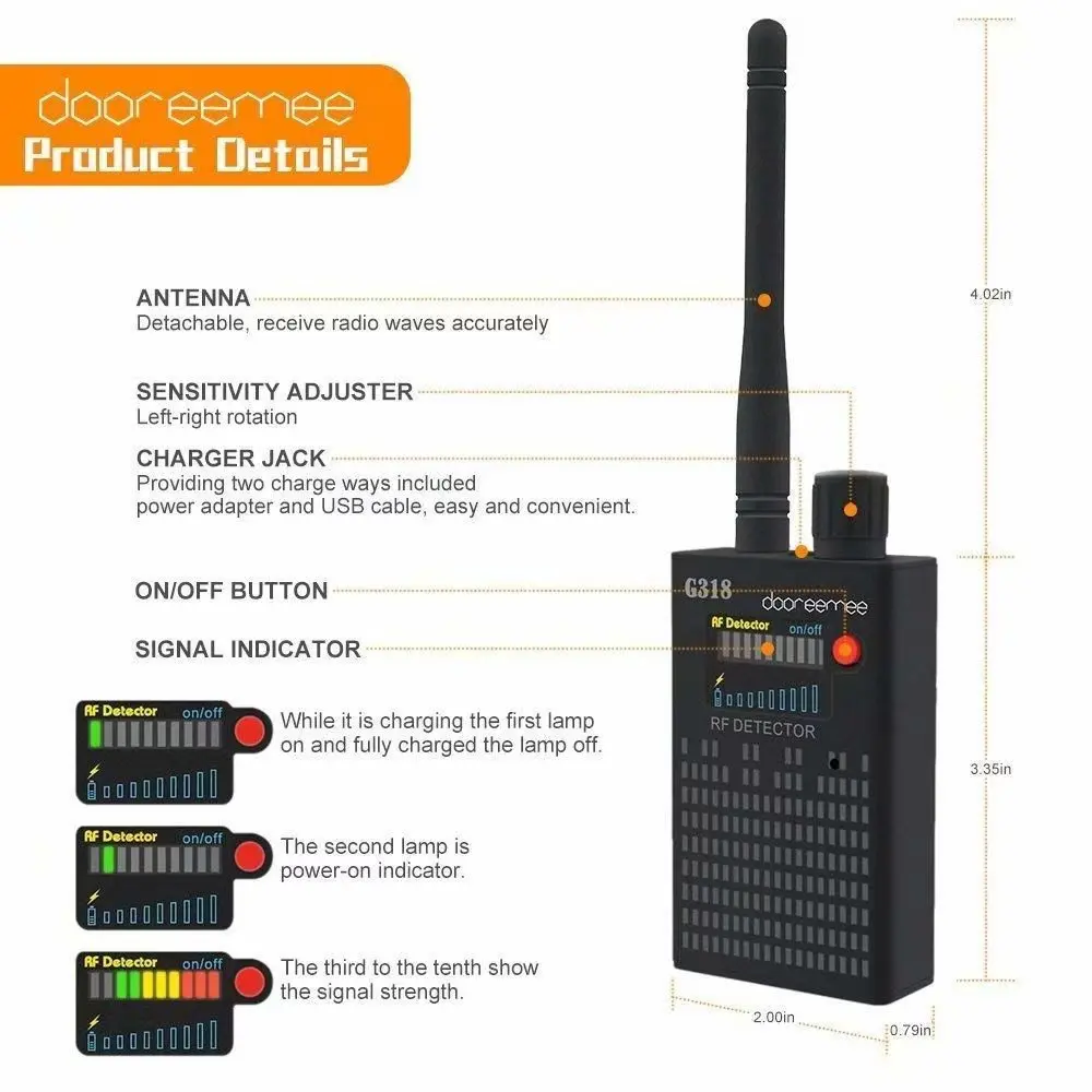 Detector de bug de sinal sem fio g318, câmera antiespionagem, localizador de gps, rastreador, scanner de frequência