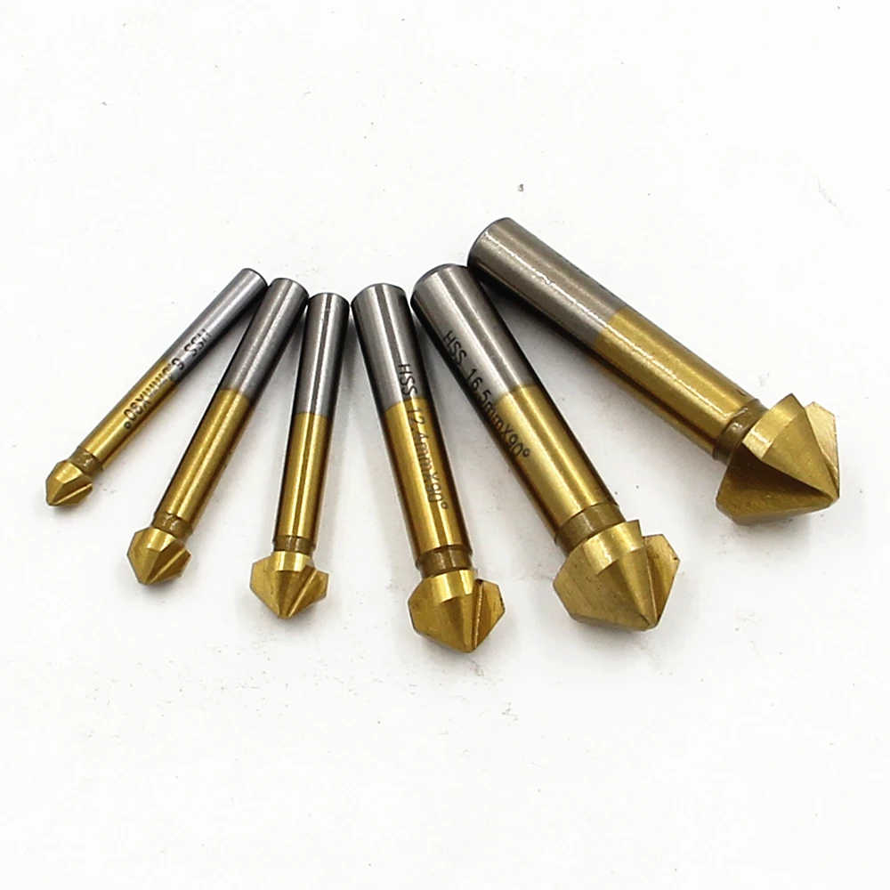 Broca avellanadora de vástago redondo, HSS, 3 flauta, metales duros, titanio, Chaflán de tres bordes, fresa de extremo de biselado, 6 unids/set