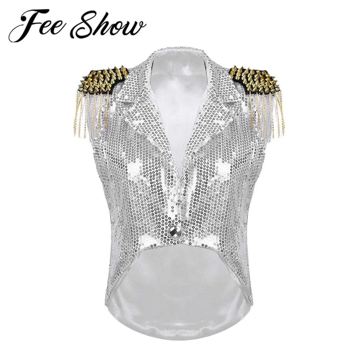 Women Glitter Sequins Tassel Party Waistcoat Modern Jazz Hip-hop Stage Dance Costumes Female Fringed Vest Small Suit Tuxedo Coat