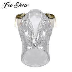 Women Glitter Sequins Tassel Party Waistcoat Modern Jazz Hip-hop Stage Dance Costumes Female Fringed Vest Small Suit Tuxedo Coat