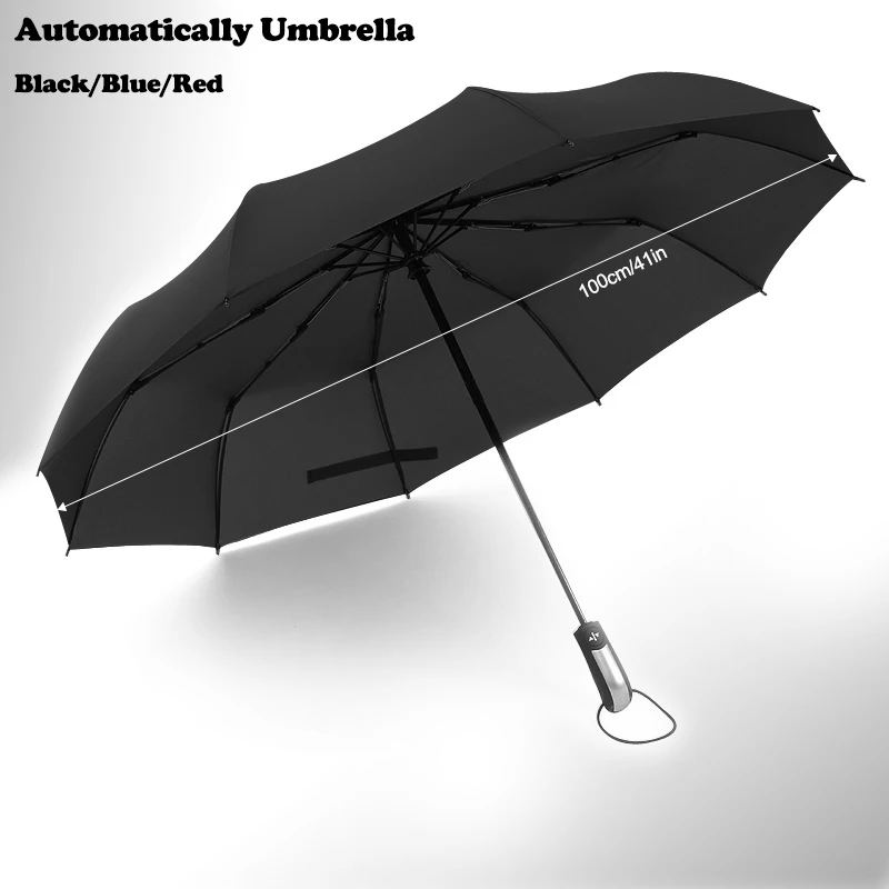 Fully-Automatic 3 Folding Umbrella Male Large Strong Windproof Unbreakable Heavy-Duty Travel Outdoor Handle Black Rain Parapluie