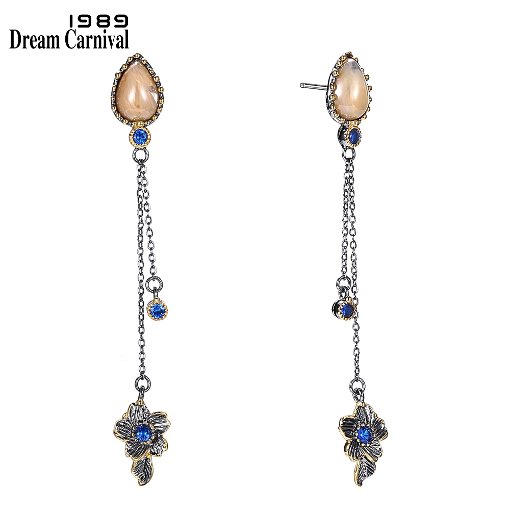 DreamCarnival 1989 Brand New Elegant Women Dangle Earrings Vintage 2 Levels Tassels Bone Blue Color CZ Unique Collection WE3855