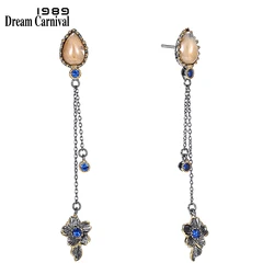 DreamCarnival 1989 Brand New Elegant Women Dangle Earrings Vintage 2 Levels Tassels Bone Blue Color CZ Unique Collection WE3855