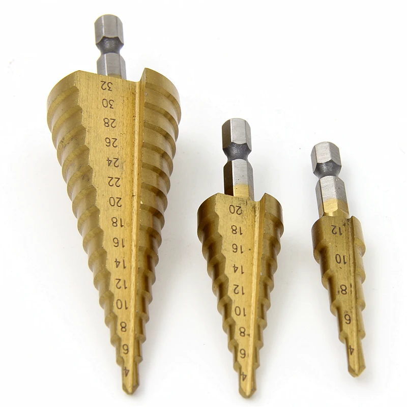 3 stücke 4241 HSS Schritt Bohrer Bits1/4 Hex Schaft 4mm Zu 12mm20mm32mm Holz Metalwoking Bohrer Werkzeug set Loch Cutter