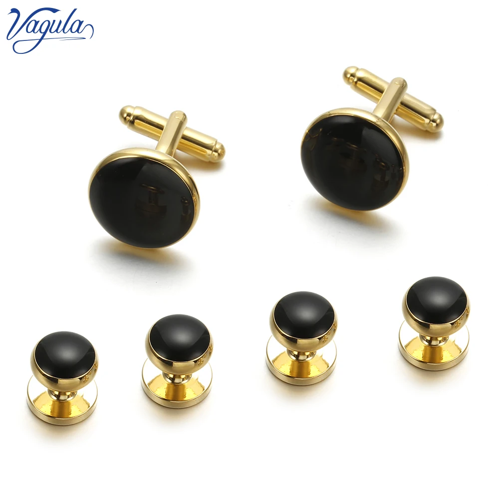 

VAGULA Cufflinks Studs in 6PCS Black Enamel Gemelos Brass Tuxedo Collar Stud Set Bonito Men Jewelry 406