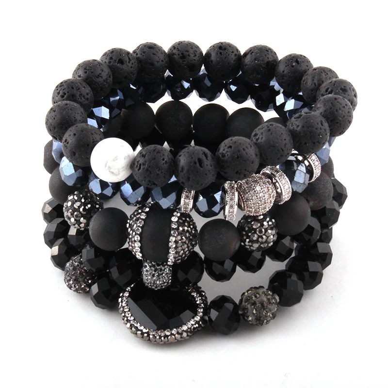 Moda bonito preto pulseira conjunto de pedra natural & vidro cristal pave pulseiras 5pc conjunto