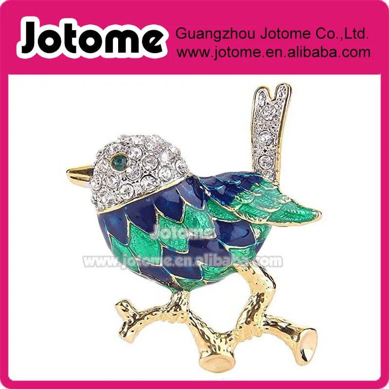 

4*3.8cm Women's Gold-Tone Clear Crystal Green with Blue Enamel Little Adorable Sparrow Bird Brooch