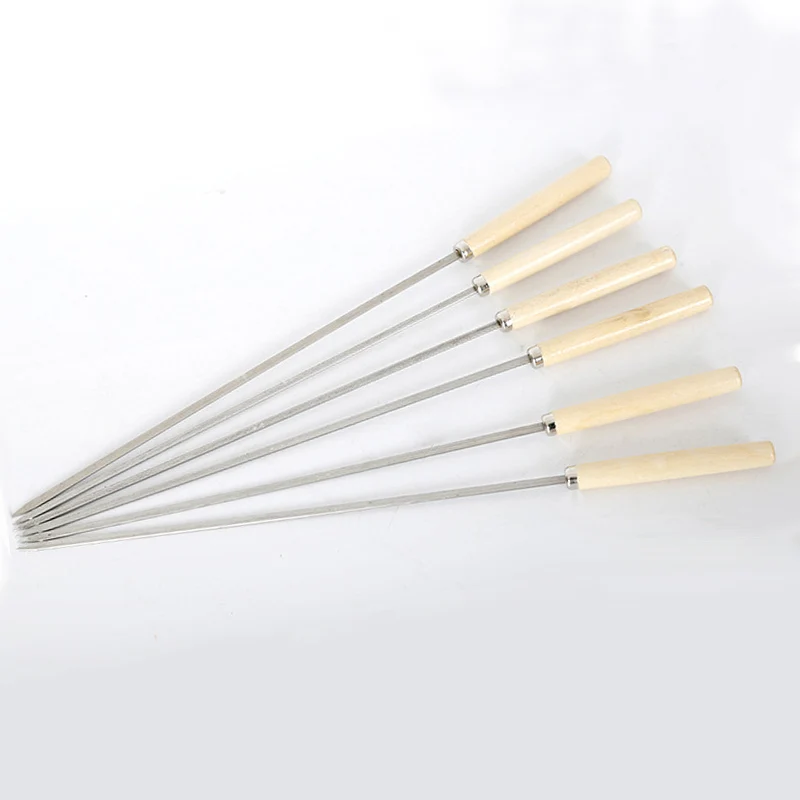 Stainless Steel BBQ Skewers, Roast Meat Prod, Wooden Handle, Flat Skewer, Long Grill Sticks, Outdoor BBQ Tools, Kabob Skewers