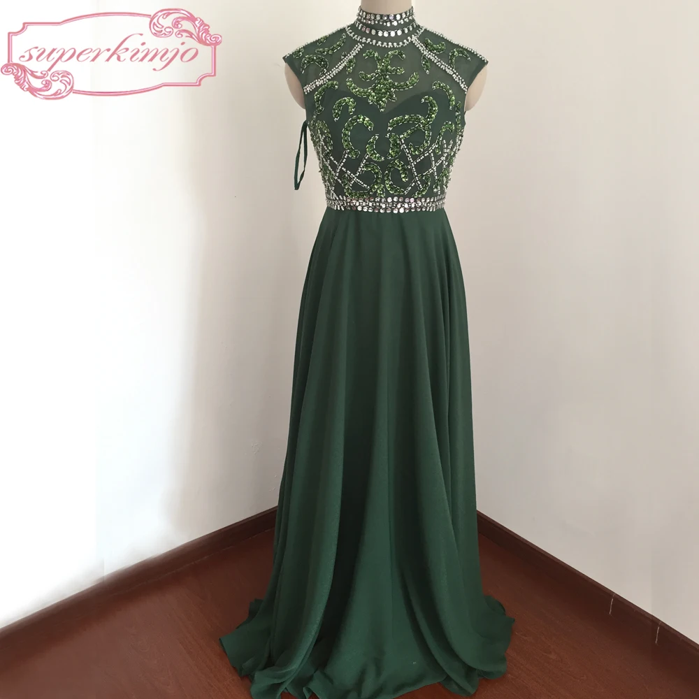 Imagen real Vestidos de Noche Vestidos largo hasta el suelo cuello alto adornos de cristal con lentejuelas Gasa verde una línea Prom imagen real del vestido