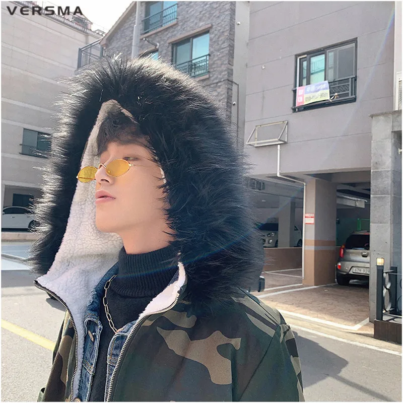 VERSMA Hip Hop Camouflage Winter Parka Jacket Coat Men Korean Oversized Fur Hooded Padded Thick Youth Parkas Women Dropshipping