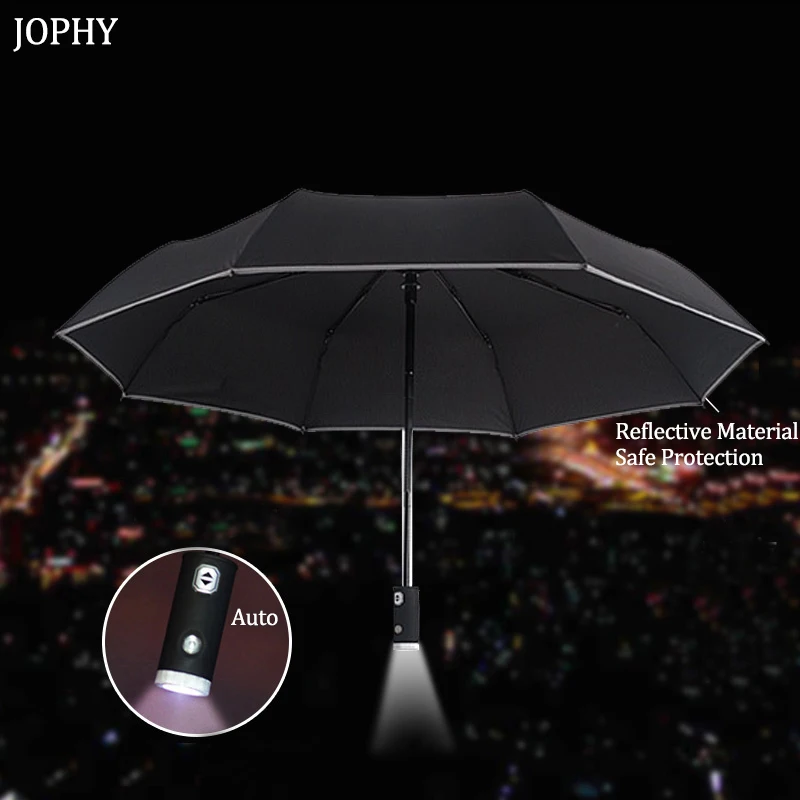 New LED Automatic Folding Umbrella Parasols Strong Windproof Outdoor Black Rain Umbrellas Women Men with Led Flashlight