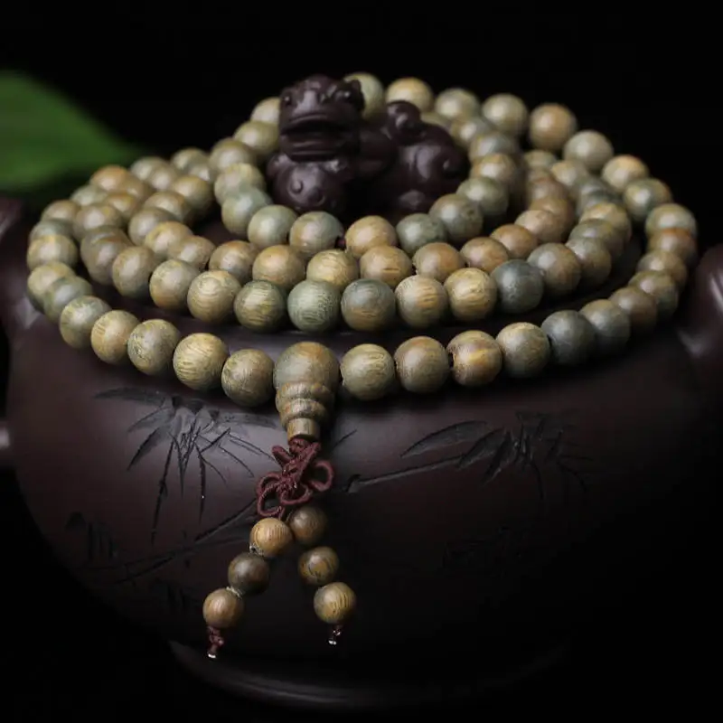 6mm 216 Beads Natural Green Sandalwood Long Bracelets Buddhist Prayer Meditation Mala Rosary Fragrant Verawod Necklace BRO772