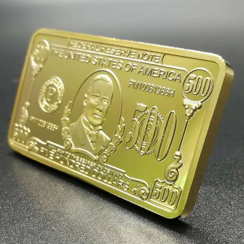 5 Pcs Non Magnetic The 500 dollars banknote 1 OZ 24K real gold plated badge 50 x 28 mm souvenir coin bullion bar