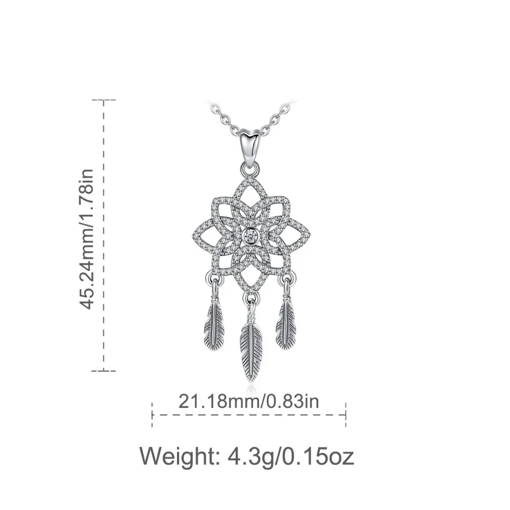 EUDORA Genuine 925 Sterling Silver Clear CZ & Feather & Dream Catcher Pendants Necklaces Vintage Flower Jewelry for Women D358