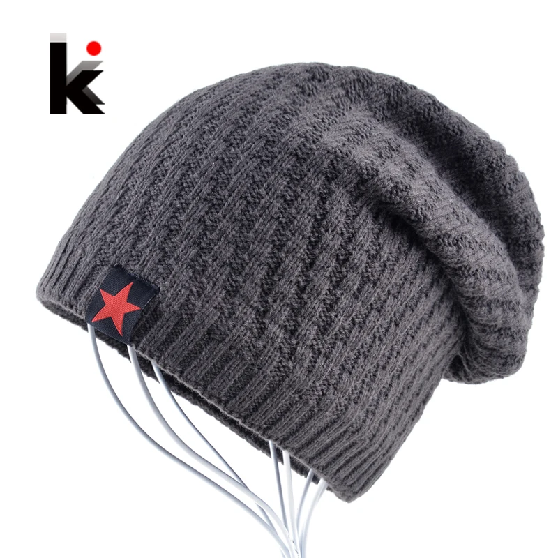 

Mens hat winter skullies knitted wool hat plus velvet five-pointed star hip hop cap thicker bonnet beanies for men touca