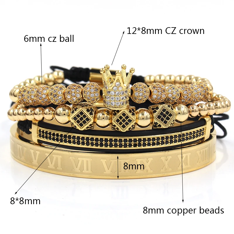 4pcs/Set Luxury Copper Beads King Crown Polygon Bracelet Bangle Sets 6mm CZ Ball Braiding Macrame Bracelet for Women Men Jewelry