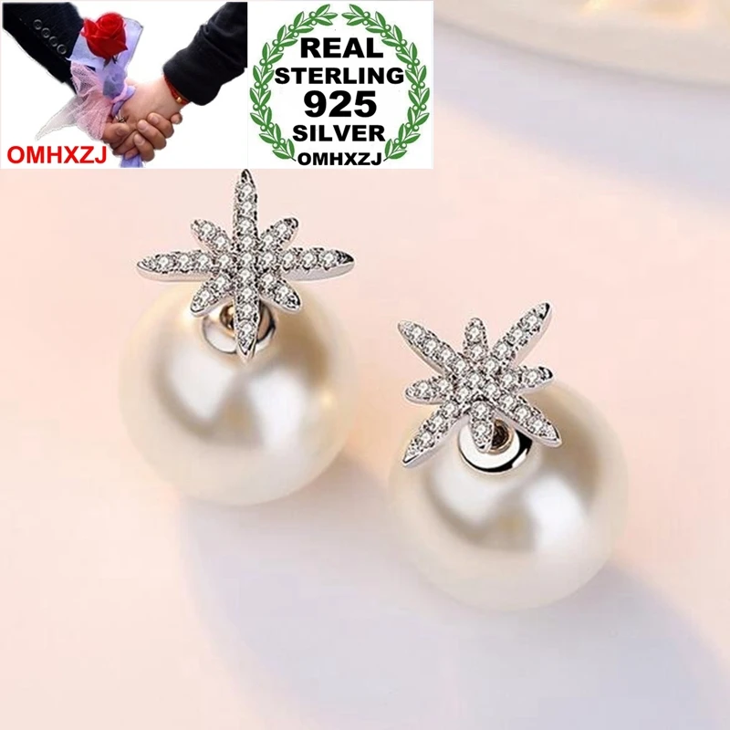 OMHXZJ Wholesale Sweet Fashion Woman Girl Wedding Octagon Star rice-shaped Pearl Zircon 925 Sterling Silver Stud Earrings YS419