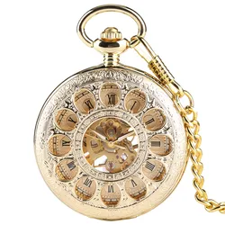 Luxury Gold Color Hollow Automatic Mechanical Pocket Watch Chain Beautiful Fob Watches Men Women Hand-wind Clock Birthday Gifts