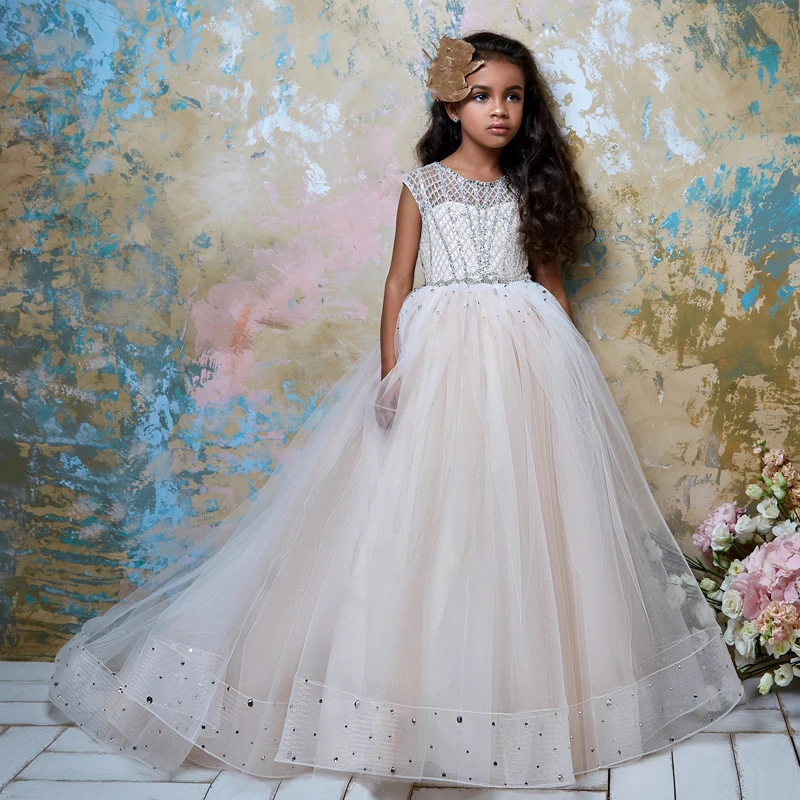 

New Arrivals Tulle Cap Sleeves Sheer Ball Gowns Flower Girl Dresses Princess Wedding Gowns with Beading Holy Communion Dresses