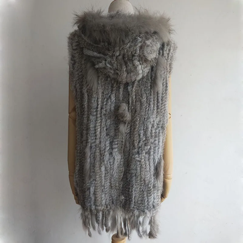 Long Real Rabbit Fur Vest With Hood Natrual Knitted Fur Vests Women Fashion Autumn Sleeveless Real Fur Gilet With Tassel Female