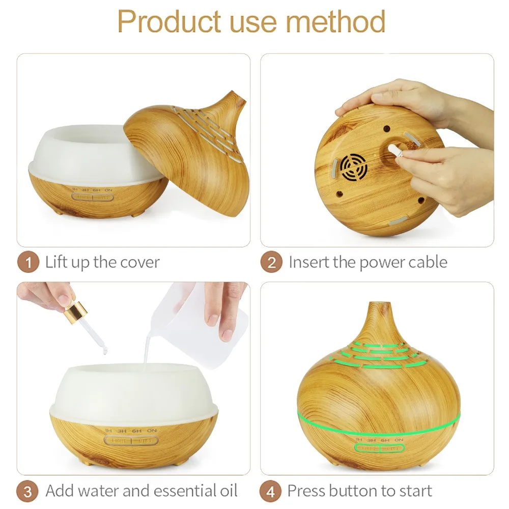 400ml Aroma Ätherisches Öl Diffusor Holzmaserung Hohl Ultraschall-luftbefeuchter Mit 7 Farbe Beruhigende Licht Für Home Schlafzimmer yoga