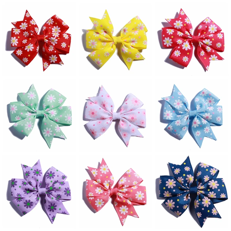 

50PCS 8CM Fashion Pinwheel Hair Bow With Flower Dot For Hair Clips Girl Grosgrain Ribbon Boutique For Headbands