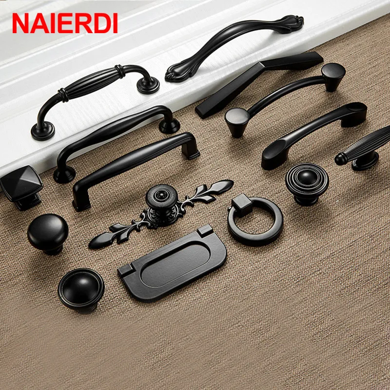 NAIERDI-tiradores de armario de estilo americano, pomos de aleación de aluminio sólido, tiradores de cajón, herrajes para muebles, color negro