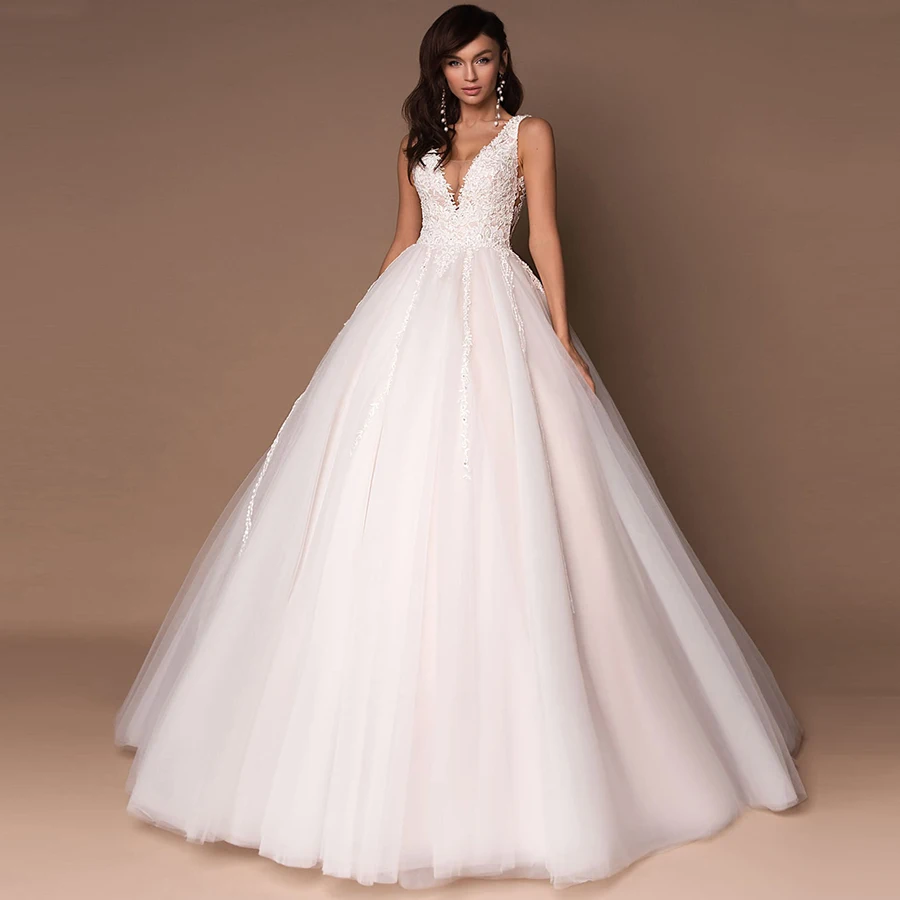 Sexy V-neck Sleeveless Wedding Dresses Vestidos De Novia Customized Design Beading Applique Ball Gown Bridal Dress